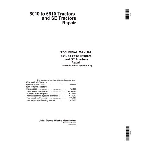TM4559 Manual técnico de reparação dos tratores John Deere 6010, 6110, 6210, 6310, 6410, 6510 e 6610 EU (TM4559)