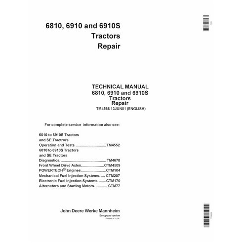 TM4566 Manual técnico de reparación de tractores John Deere 6810, 6910 y 6910S (PDF)