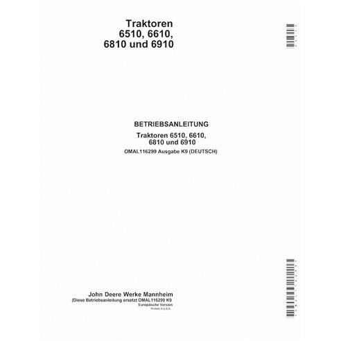 John Deere 6510, 6610, 6810, 6910 SN 0-266766 tractor pdf operator's manual DE
