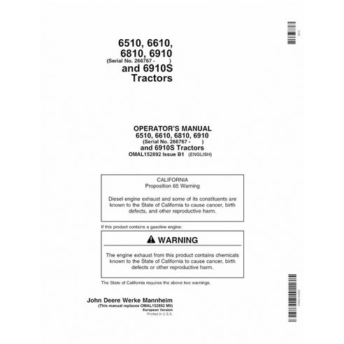 JD-OMAL152892 John Deere 6510, 6610, 6810, 6910, 6910S SN 266767- tractor pdf operator's manual