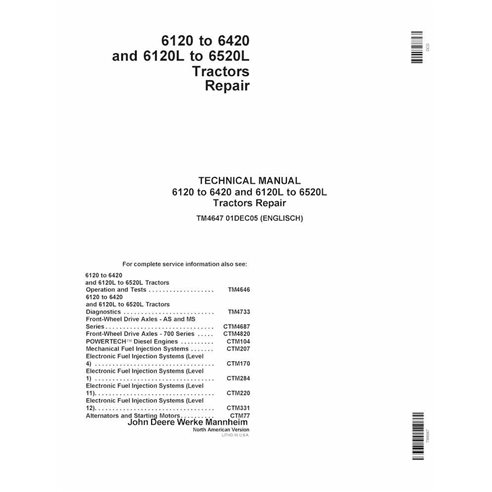 TM4647 Manual técnico de reparação dos tratores John Deere 6120, 6220, 6320, 6420, 6120L, 6220L, 6320L, 6420L, 6520L (TM4647)