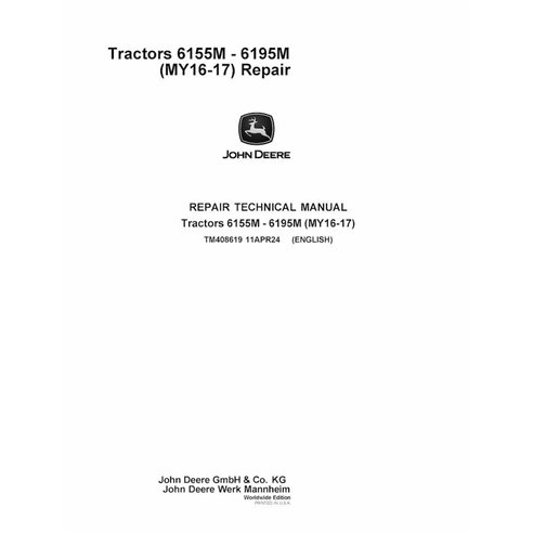 TM408619 Manual técnico de reparação do trator John Deere 6155M, 6175M, 6195M MY16-17 (TM408619)