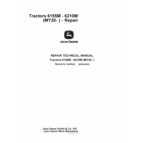 TM412219 Manual técnico de reparación de tractores John Deere 6155M, 6165M, 6175M, 6185M, 6195M, 6210M, 6155MH MY20 (TM412219)