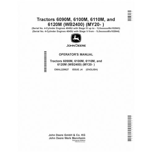 JD-OMAL229627 Manual do operador do trator John Deere 6090M, 6100M, 6110M, 6120M MY20 em PDF