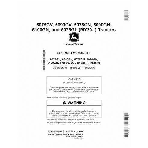 JD-OMER525754 Manual del operador del tractor John Deere 5075GV, 5090GV, 5075GN, 5090GN, 5100GN, 5075GL MY2020- NA FR (OMER52...