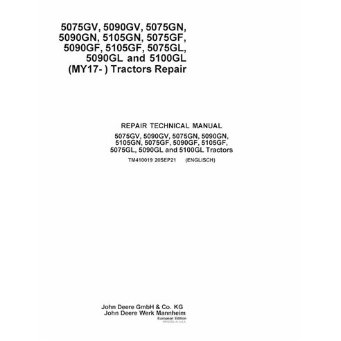 TM410019 Manual de reparação do trator John Deere 5075G, 5080G, 5085G, 5090G, 5100G - Série 5G (MY17- EU) (TM410019)