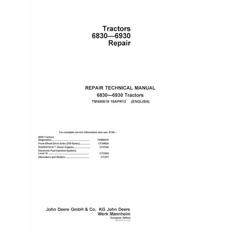 TM400619 Manuel technique de réparation des tracteurs John Deere 6830 et 6930 (PDF)