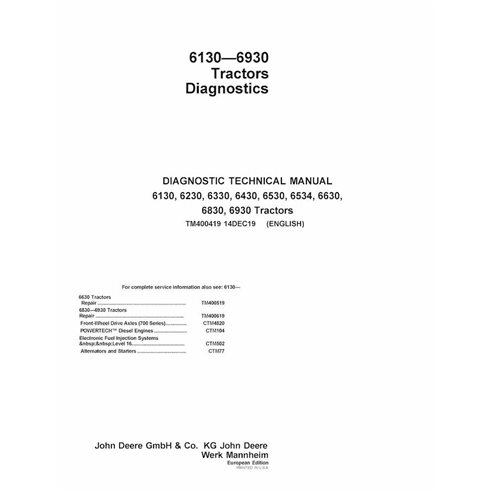 TM400419 John Deere 6130, 6230, 6330, 6430, 6530, 6534, 6630, 6830, 6930 tractor pdf diagnostic technical manual (TM400419)