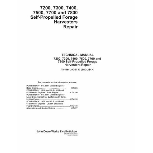TM4668 Manual técnico de reparación de la cosechadora de forraje John Deere 7200, 7300, 7400, 7500, 7700 y 7800 (TM4668)