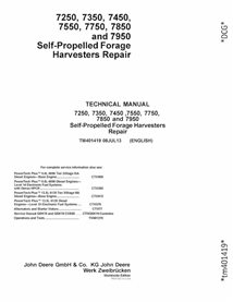 TM401419 John Deere 7250, 7350, 7450 ,7550, 7750, 7850 and 7950 Self-Propelled forage harvester pdf repair technical manual