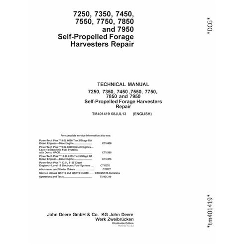 TM401419 Manual técnico de reparo das colhedoras de forragem autopropelidas John Deere 7250, 7350, 7450, 7550, 7750, 7850 e 7950