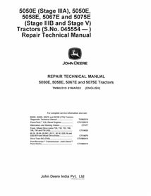 TM902319 Manual técnico de reparo em PDF para tratores John Deere 5050E, 5058E, 5067E e 5075E, número de série 045554 (TM902319)
