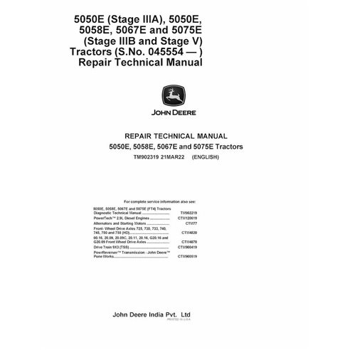 TM902319 Manual técnico de reparación en PDF para tractores John Deere 5050E, 5058E, 5067E, 5075E SN 045554 (TM902319)
