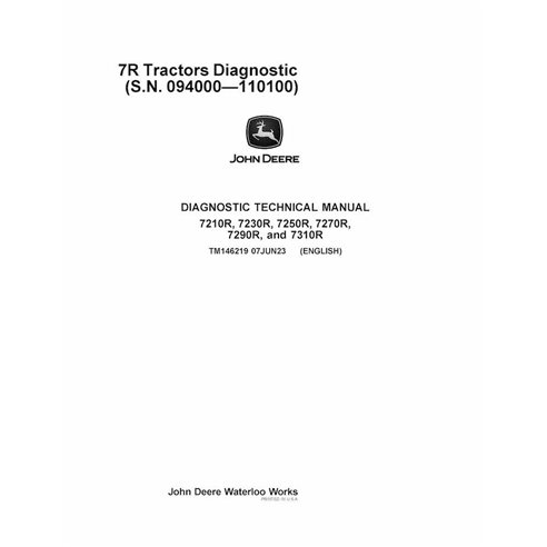 TM146219 Manual técnico de diagnóstico em PDF para tratores John Deere 7210R, 7230R, 7250R, 7270R, 7290R e 7310R, números de ...