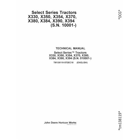 TM138119 Manual técnico de reparo em PDF para tratores John Deere X330-X394, números de série 10000-110000 (TM138119)