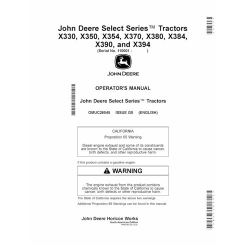 JD-OMUC26545 Tratores John Deere X330, X350, X354, X370, X380, X384, X390 e X394, SN 110001 - manual do operador do trator (O...
