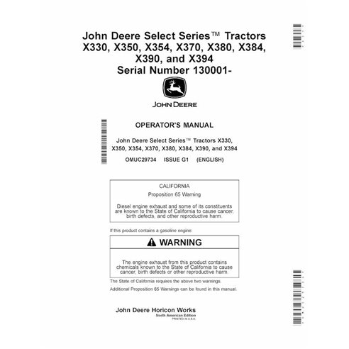 JD-OMUC29734 Tracteurs John Deere X330, X350, X354, X370, X380, X384, X390 et X394, numéro de série 130001 - manuel d'utilisa...