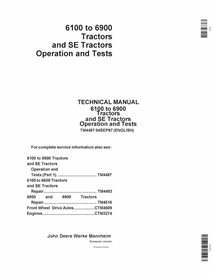 TM4487 John Deere 6100-6900 tractor pdf operation and test technical manual (TM4487)