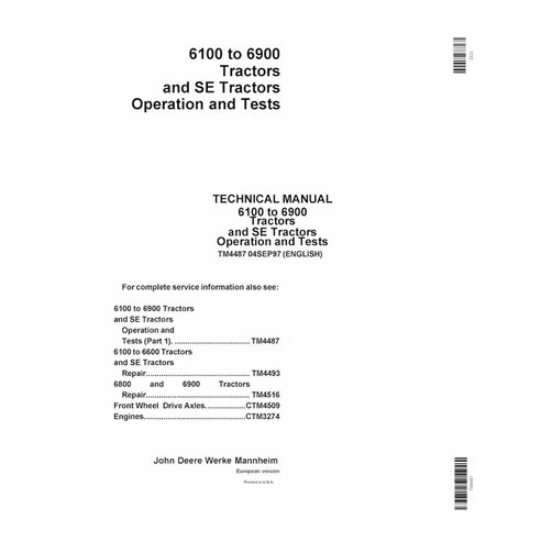 TM4487 John Deere 6100-6900 tractor pdf operation and test technical manual (TM4487)