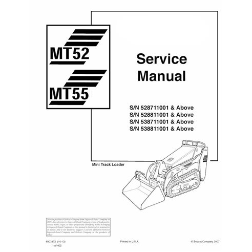 Bobcat MT52, MT55 mini chargeuse sur chenilles pdf manuel de service