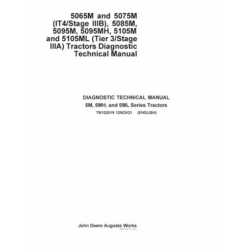 TM102519 Manuel technique de diagnostic des tracteurs John Deere 5065M, 5075M, 5085M, 5095M, 5095MH, 5105M, 5105ML (TM102519)