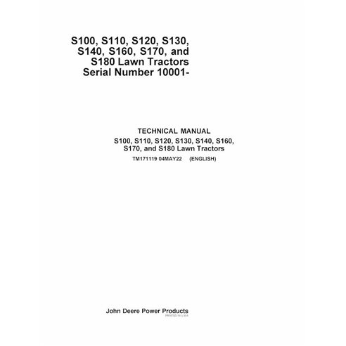 TM171119 John Deere S100 - S180 SN 10001- lawn tractor pdf repair manual (TM171119)