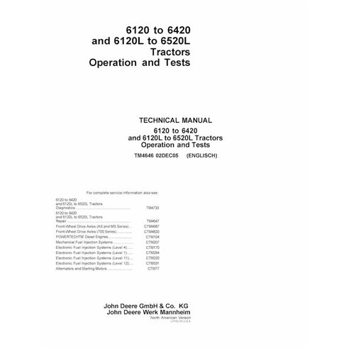 TM4646 Manuel technique d'utilisation et de test du tracteur John Deere 6120-6420, 6120L-6520L NA (TM4646)