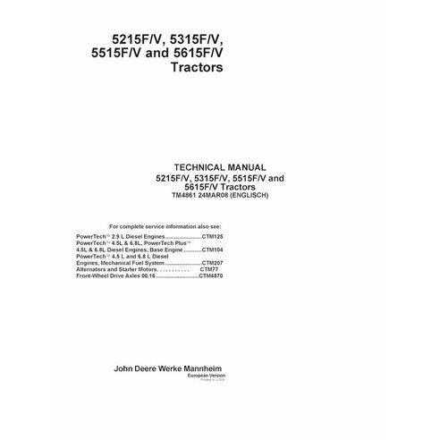 TM4861 Manual técnico en PDF para tractores John Deere 5215F/V, 5315F/V, 5515F/V y 5615F/V - todo incluido (TM4861)