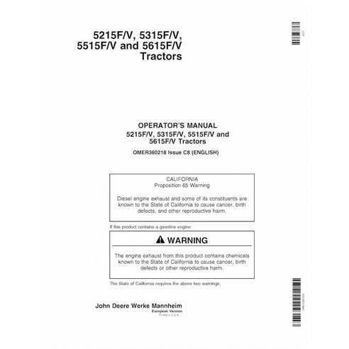 OMER360218 Manual del operador del tractor John Deere 5215F/V, 5315F/V, 5515F/V y 5615F/V (OMER360218) (OMER360218)