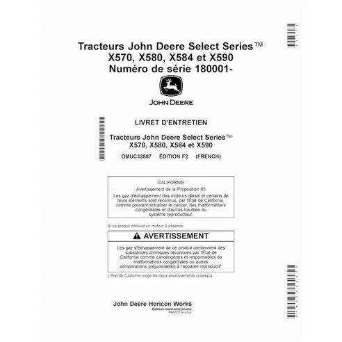 OMUC32887 Manual do operador do trator John Deere X570, X580, X584, X590 SN 180001 em PDF FR (OMUC32887)