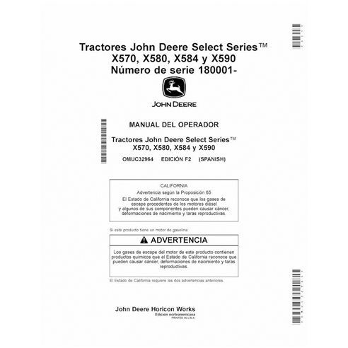 OMUC32964 Manual del operador del tractor John Deere X570, X580, X584, X590 SN 180001 (PDF) ES (OMUC32964)