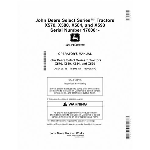 OMUC29736 Manual del operador del tractor John Deere X570, X580, X584, X590 SN 170001-180000 (OMUC29736) (OMUC29736)