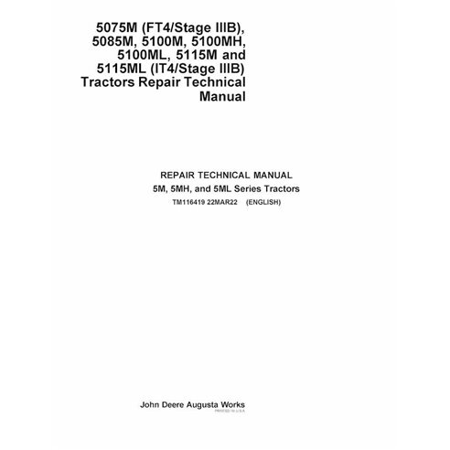 TM116419 Manuel technique de réparation PDF pour tracteurs John Deere 5100M, 5100ML, 5085M, 5075M, 5115ML, 5115M, 5100MH (TM1...