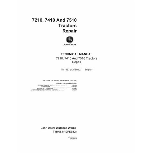 TM1653 Manual técnico de reparo em PDF para tratores John Deere 7210, 7410 e 7510 (TM1653)