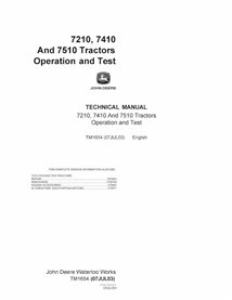 TM1654 Manual técnico de operação e teste do trator John Deere 7210, 7410, 7510 em PDF (TM1654)