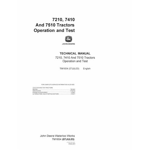 TM1654 Manual técnico de operación y prueba del tractor John Deere 7210, 7410, 7510 (TM1654)