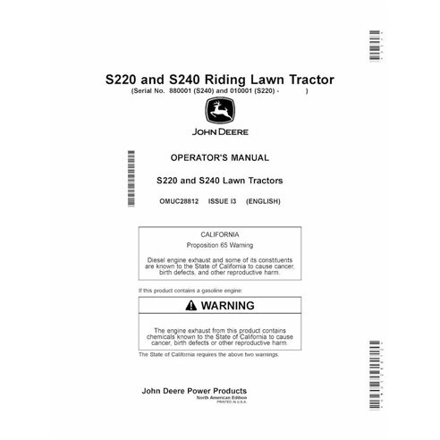 OMUC28812 Manual del operador del tractor cortacésped John Deere S220, S240 (OMUC28812)