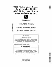 OMUC34189 John Deere S220, S240 Riding lawn tractor pdf operator's manual (OMUC34189)
