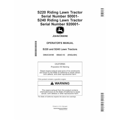 OMUC34189 Manual del operador del tractor cortacésped John Deere S220, S240 (OMUC34189)