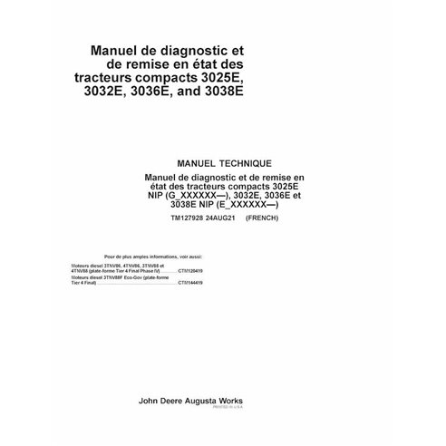 TM127928 Manual técnico completo em PDF para tratores compactos John Deere 3025E, 3032E, 3036E e 3038E (TM127928)