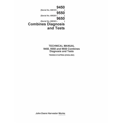 TM2002 Manual de diagnóstico e testes em PDF para colheitadeiras John Deere 9450, 9550 e 9650, número de série 695101 (TM2002)