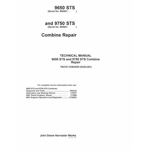 TM2101 Manual técnico de reparo em PDF para colheitadeiras John Deere 9650 STS e 9750 STS, número de série 695501 (TM2101)