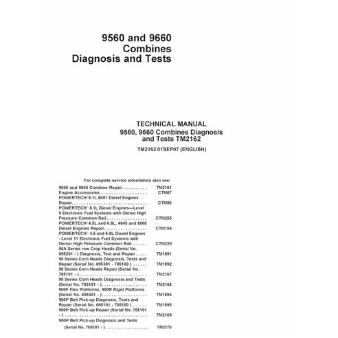 TM2162 Manual de diagnóstico y pruebas en formato PDF para la cosechadora John Deere 9560 y 9660 (TM2162)