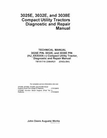 TM151719 John Deere 3025E PIN, 3032E e 3038E PIN HJ_XXXXXX - manual de diagnóstico e reparo em PDF para trator utilitário com...