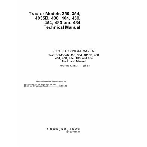 TM701419 Manual técnico em PDF do trator John Deere 350, 400, 354, 450, 404, 454, 480, 484, 4035B - tudo incluído (TM701419)