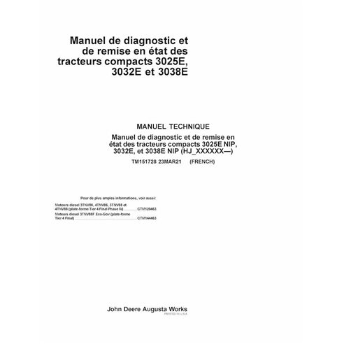 TM151728 Manual de diagnóstico e reparo em PDF para tratores utilitários compactos John Deere 3025E PIN, 3032E e 3038E PIN HJ...