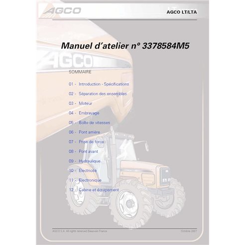 AGCO-3378584M5-WM-FR Manual de serviço e oficina em PDF para tratores AGCO LT75, LT90, LT75A, LT85A, LT90A e LT95A (FR)