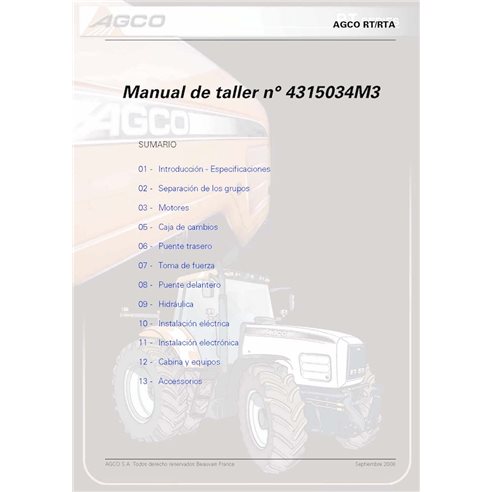 AGCO-4315034M3-WSM-ES Manual de taller del tractor AGCO RT100, RT120, RT135, RT150, RT110A, RT120A, RT140A, RT155A, RT165A, R...