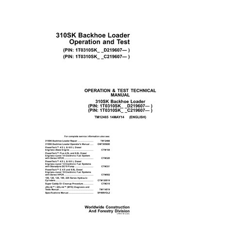 TM12465 Manual técnico de operación y prueba de la retroexcavadora John Deere 310SK PIN 1T0310SK_ _C_D_219607 (TM12465)