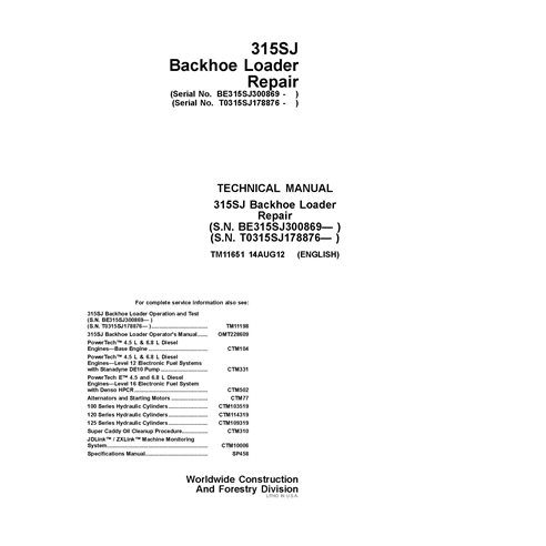TM11651 Manual técnico de reparación en PDF para retroexcavadora John Deere 310SJ PIN SN BE315SJ300869-, T0315SJ178876- (TM11...